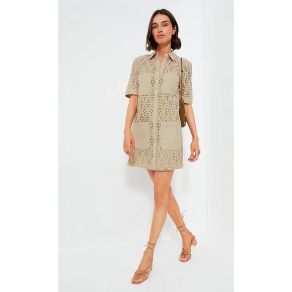 Veronica Beard Rafaela Dress Womens 4 Stone Khaki Eyelet Cotton Pockets Preppy - Picture 1 of 9